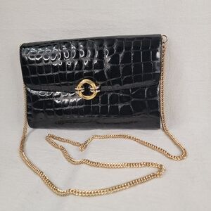 VNTG RODO Italy Black Patent Leather Clutch Bag New Gold Chain Strap Crossbody